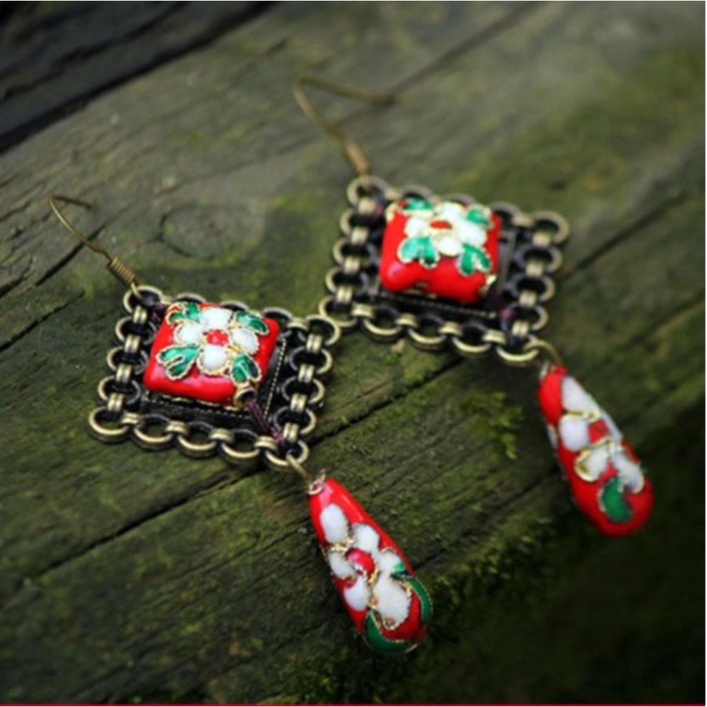 NEW Nepal Handmade Cloisonne Dangle Earrings - Picture 4 of 9